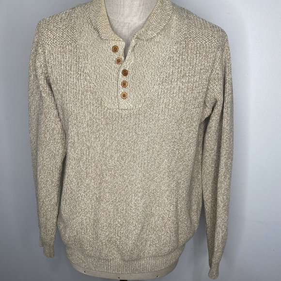 Cabela's Fishermans Sweater Mens Sz L Tall Tan Button Neck Cotton Pullover - Picture 1 of 6